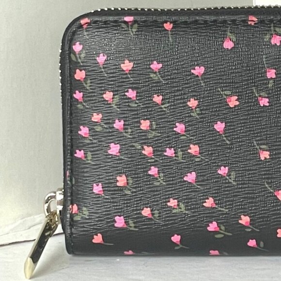 Kate Spade Sylvia Pink Floral Slim Wallet Womens Black Saffiano Zip Around - Picture 9 of 10
